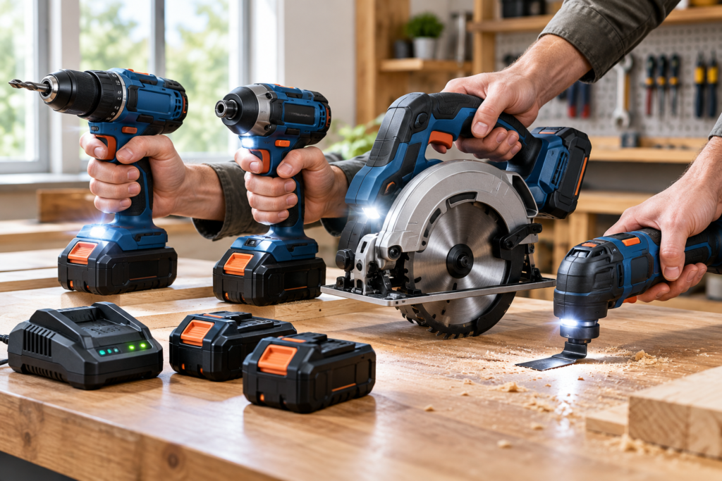 Cordless power tools on a workbench highlighting key features before buying